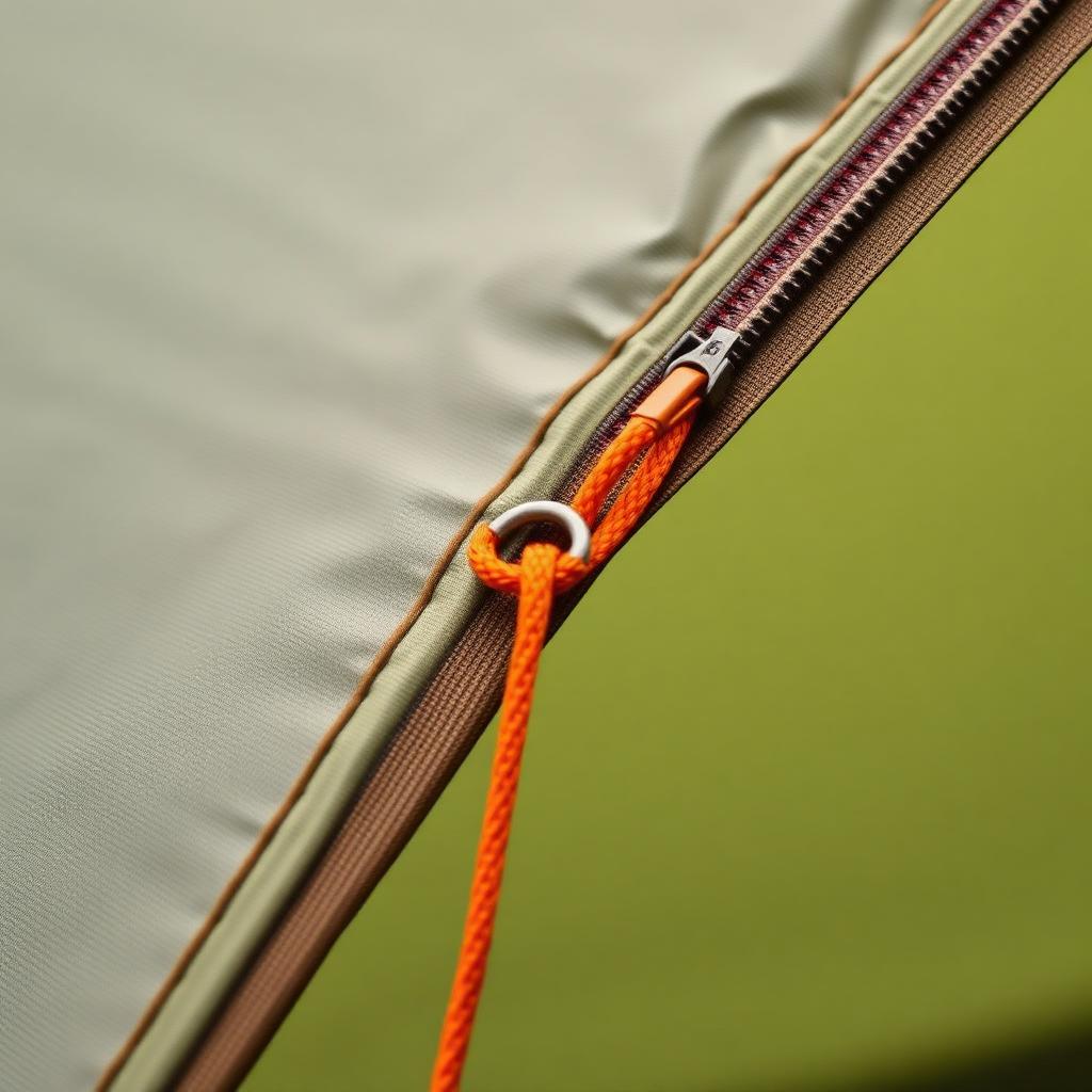 Close-up of tent fabric and zip pull