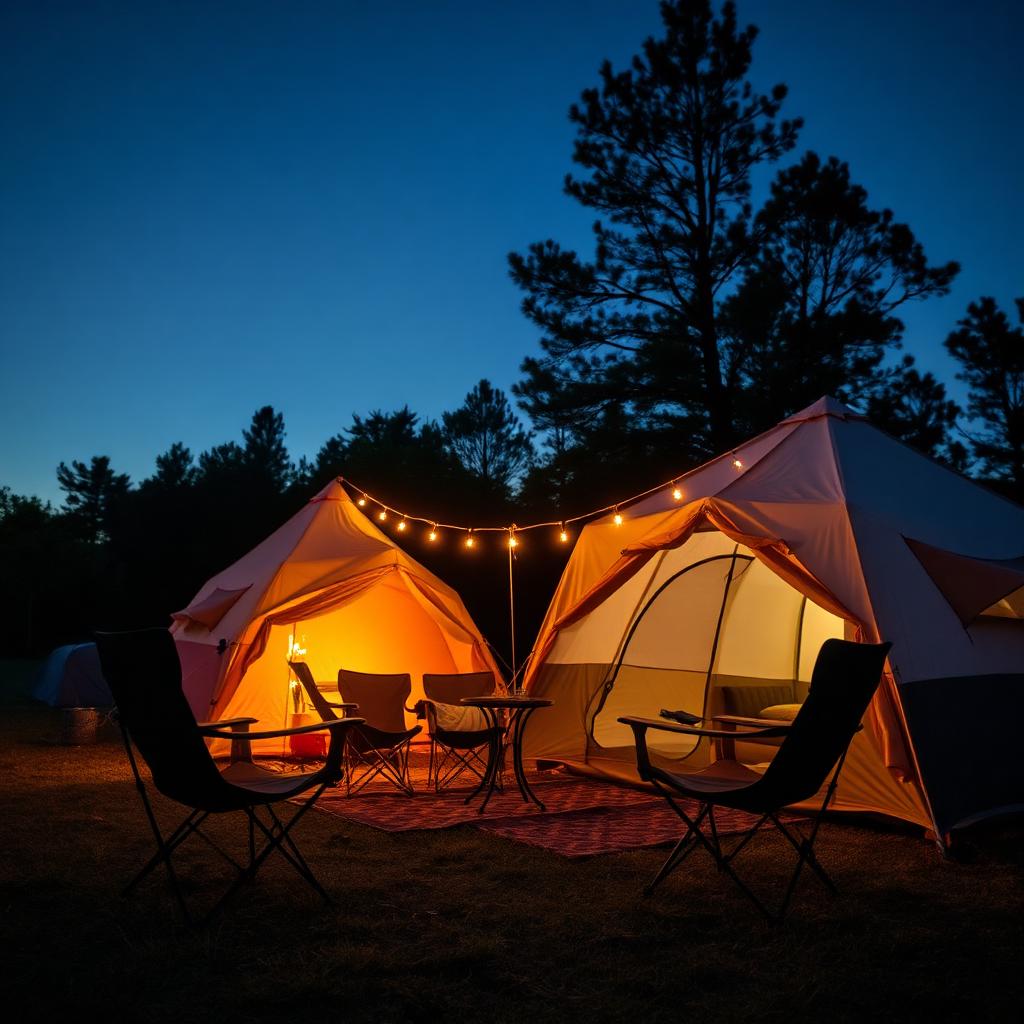 Camping chairs and string lights outside a lit tent