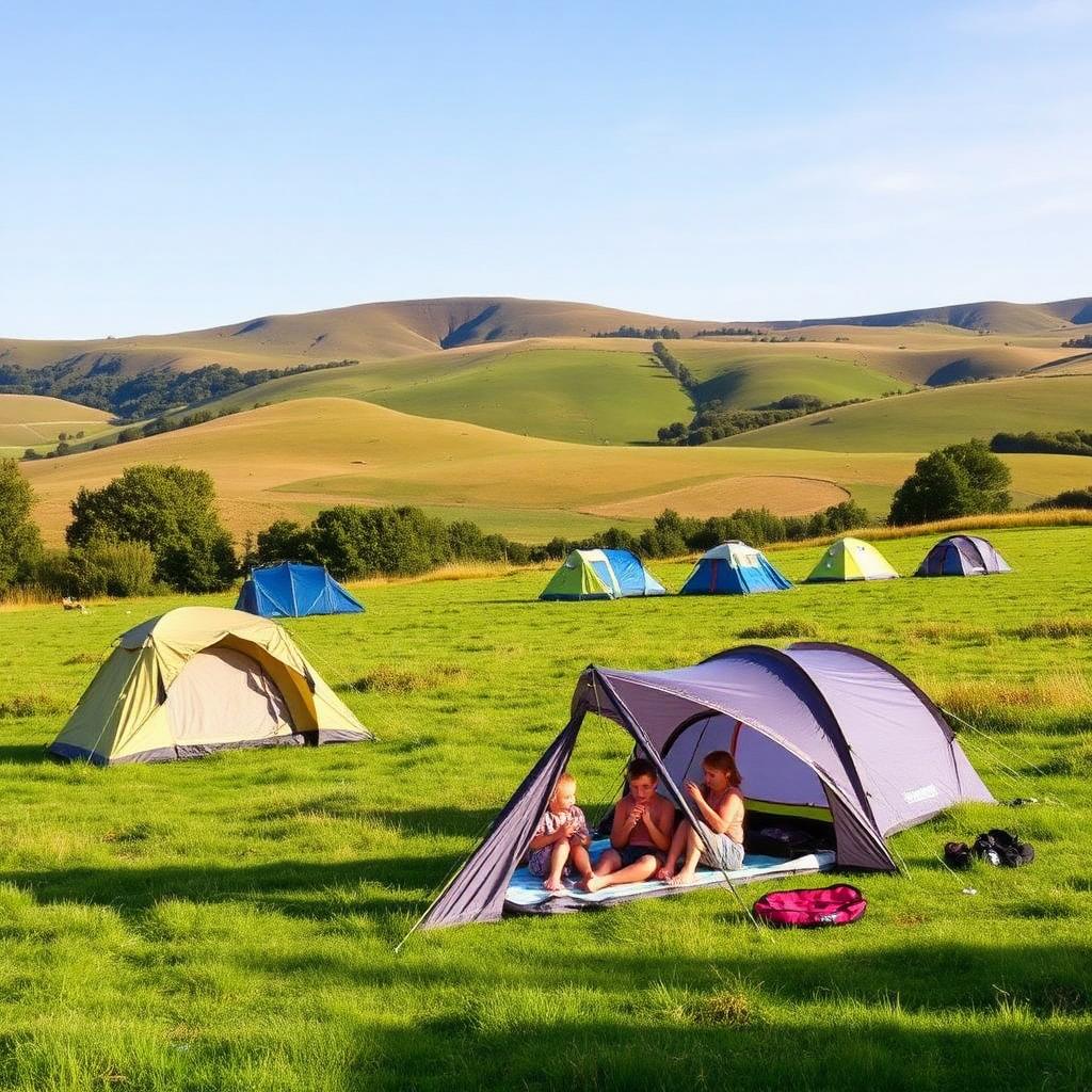 Family campsites with a tent pitched outdoors
