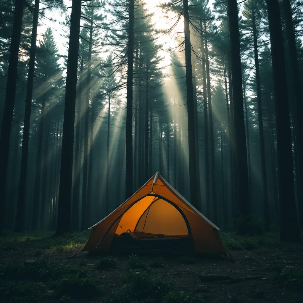 Forest camping with a tent pitched outdoors