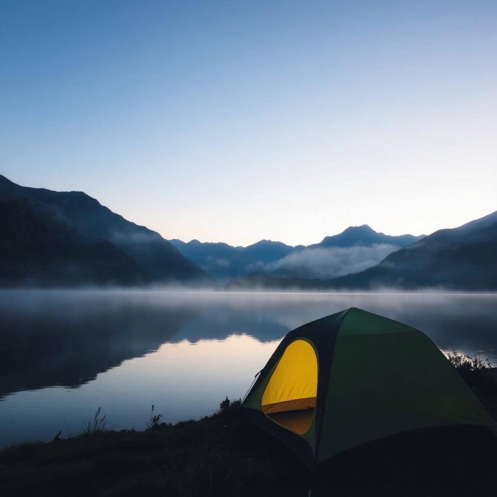 Lakeside camping with a tent pitched outdoors